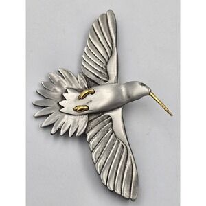 Vintage SHIELDS Pewter Hummingbird Brooch Pin Silver Tone Gold Accents Bird